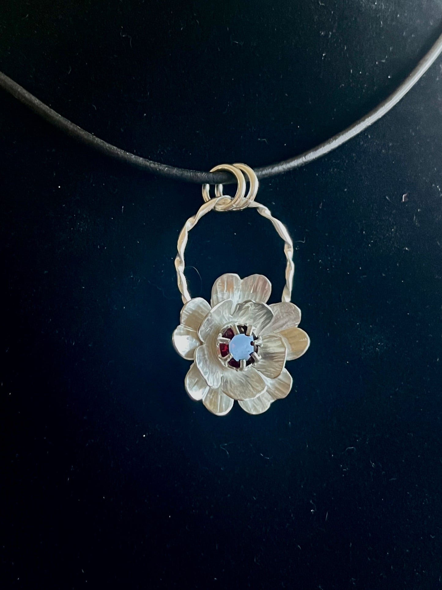 Ember Bloom Pendant — Handmade Sterling Silver Layered Flower Pendant with Garnet