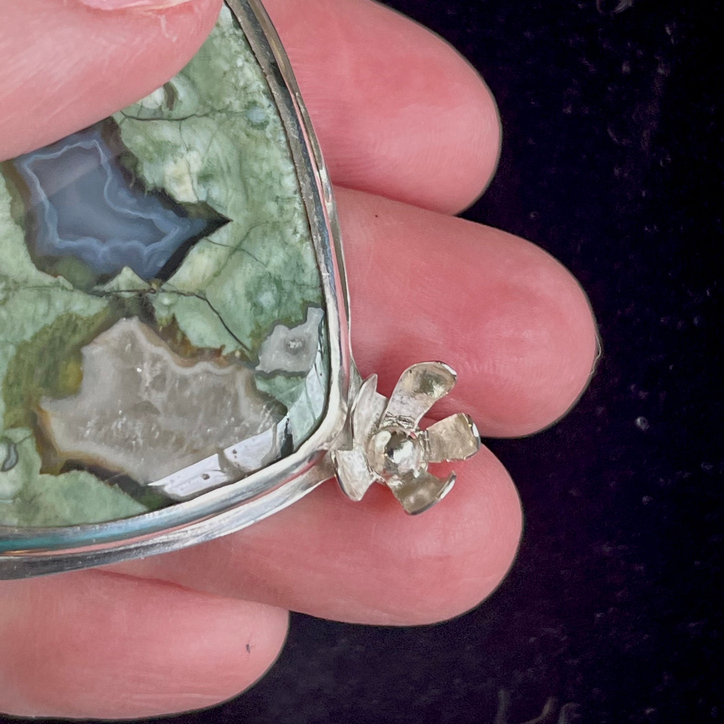 Plume Moss Agate, Sterling Silver Handmade Open Back, Pendant