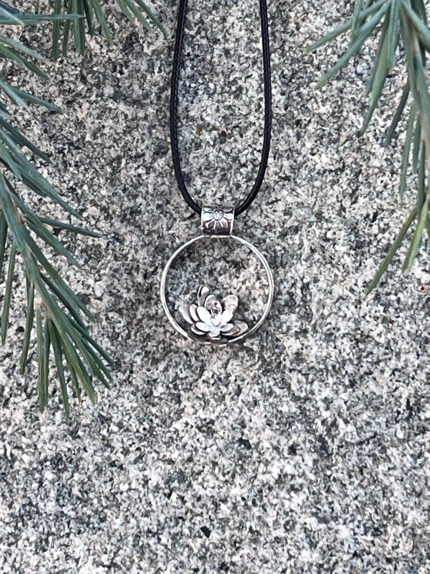 Handmade Sterling Silver Lotus Pendant, Open Circle, Floral Bail