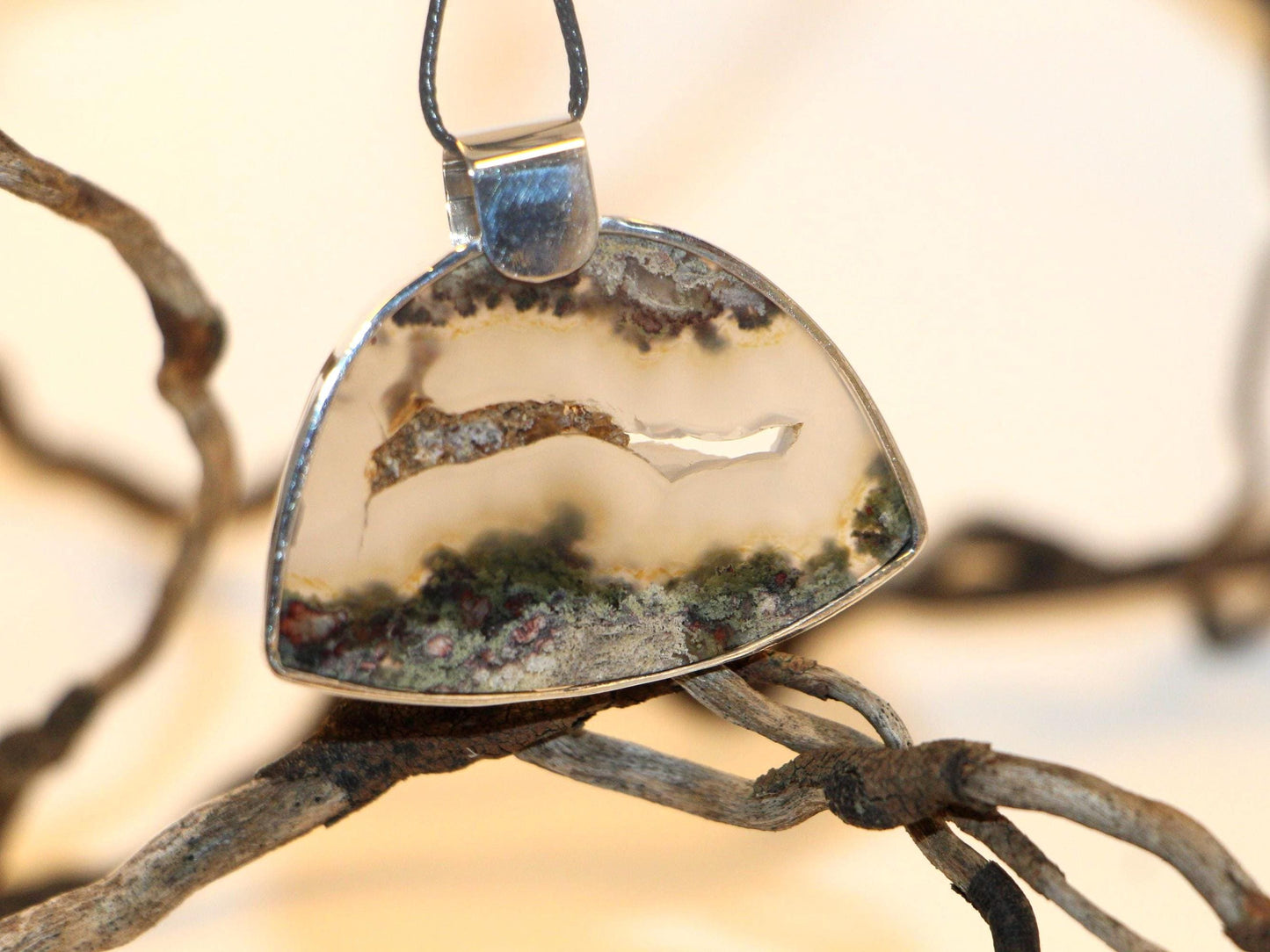 Moss Agate Sterling Silver Pendant, Half Moon Scenic Necklace