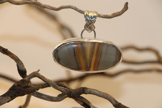 Banded Agate Pendant Sterling Silver Handmade Open Back Stamped Bail One of a Kind