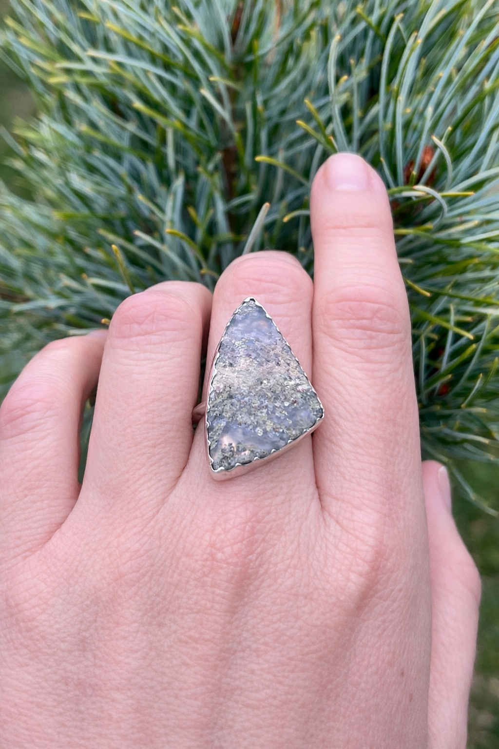 Sterling Silver Triangle Moss Agate Ring, Botanical Back, Size 8
