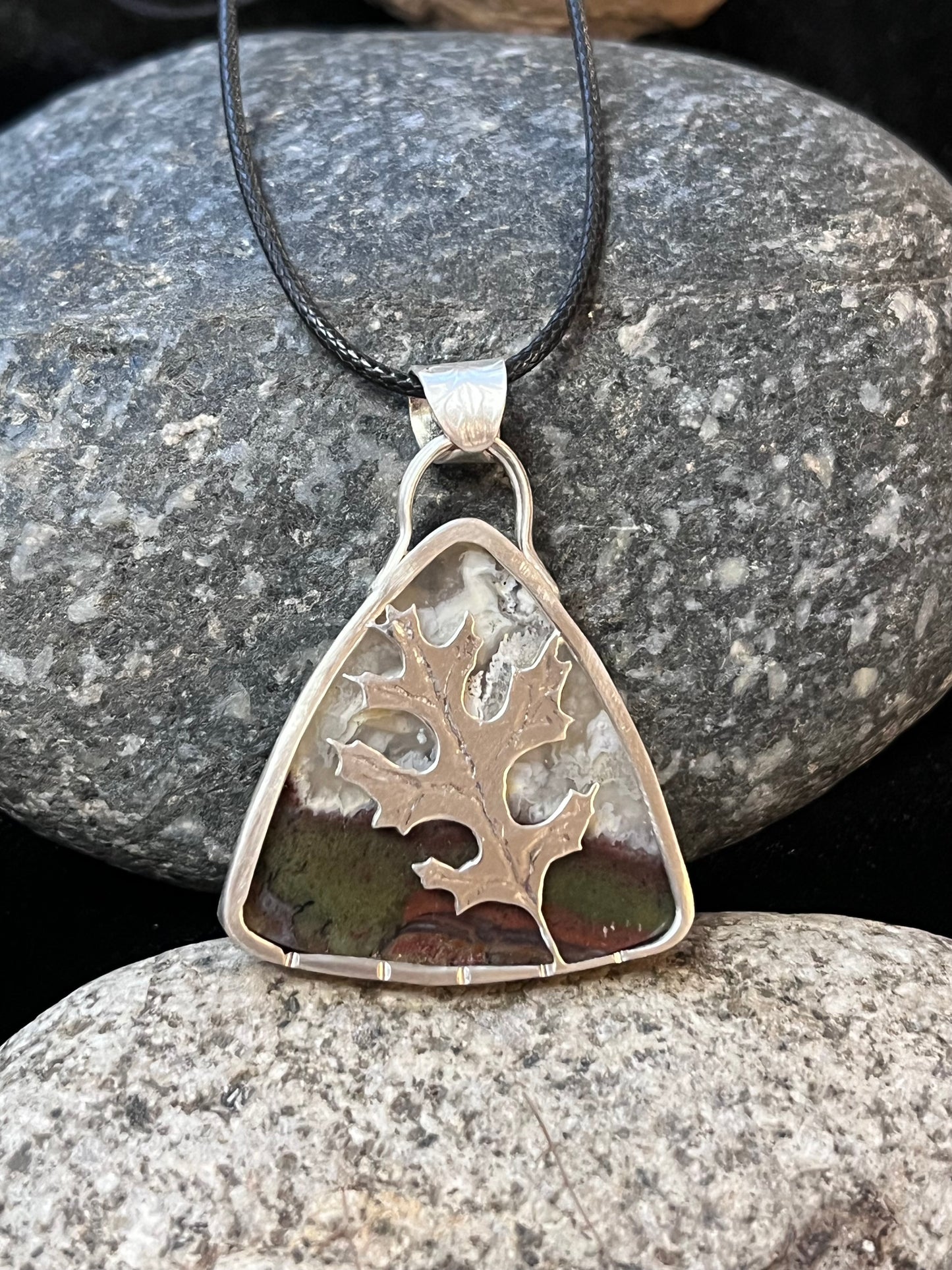 Moss Agate Pendant in Sterling Silver | Hand Chiseled Oak Leaf Necklace | Nature Jewelry Gift for Her