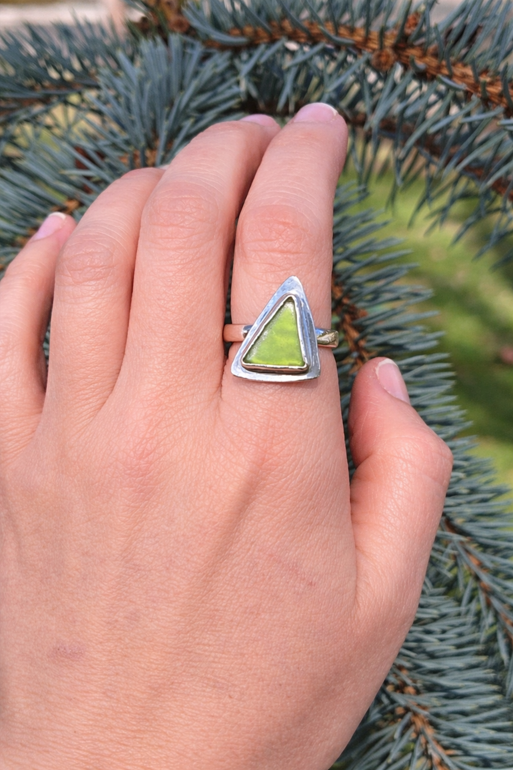 Green Sea Glass Ring, Sterling Silver Triangle, Size 8