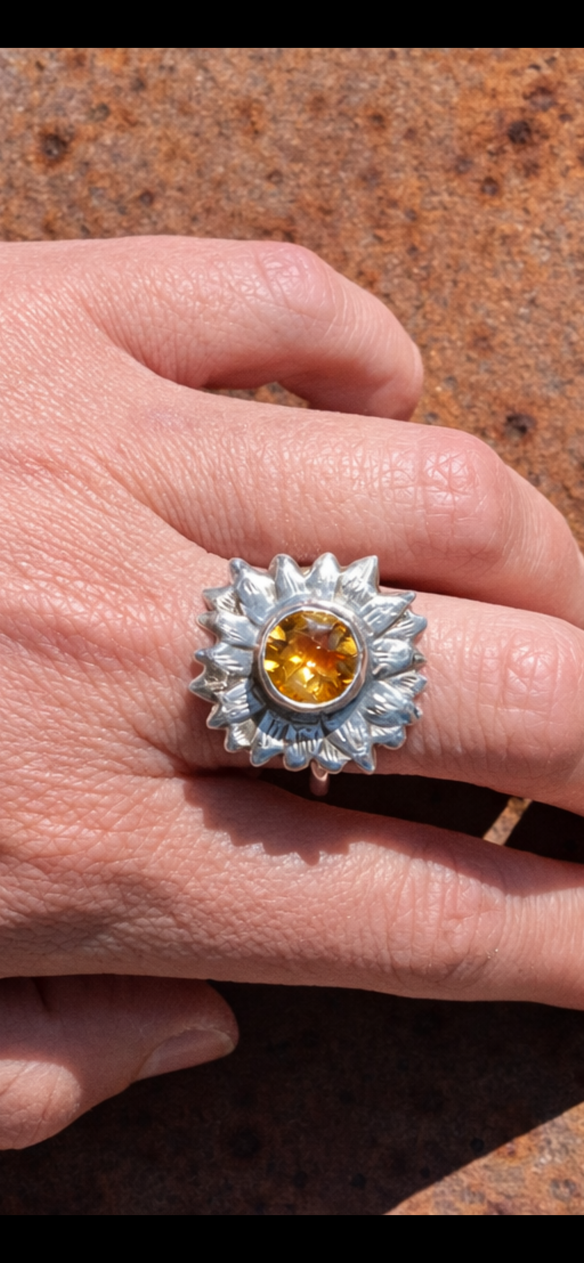 Handmade Sterling Silver Sunflower Ring with Citrine, Size 9.25