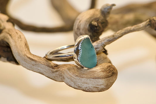Sea Glass Sterling Silver Ring, Adjustable Band, Beachy Minimalist Ring Size +/- 6.5