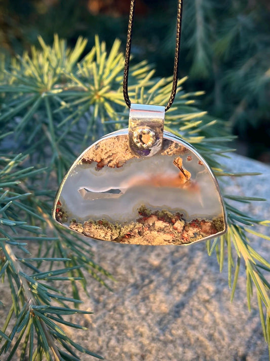 Moss Agate Sterling Silver Pendant, Half Moon Scenic Necklace