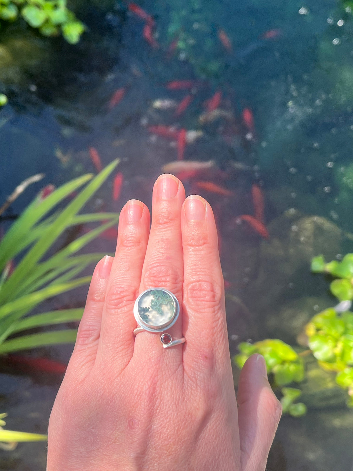 A Little Wild — Moss Agate & Red CZ Sterling Silver Ring