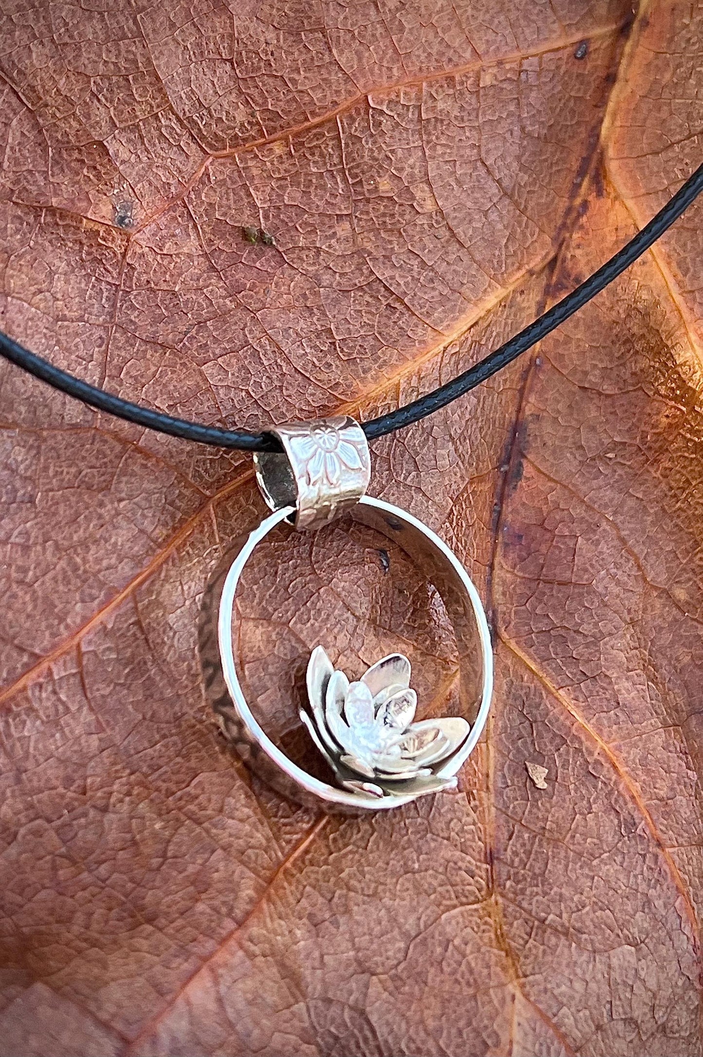 Handmade Sterling Silver Lotus Pendant, Open Circle, Floral Bail