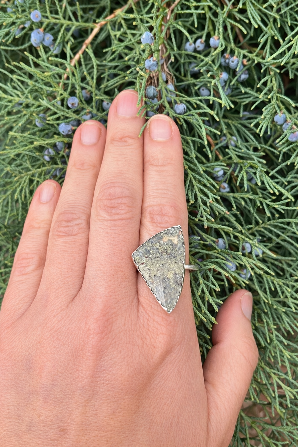 Sterling Silver Triangle Moss Agate Ring, Botanical Back, Size 8