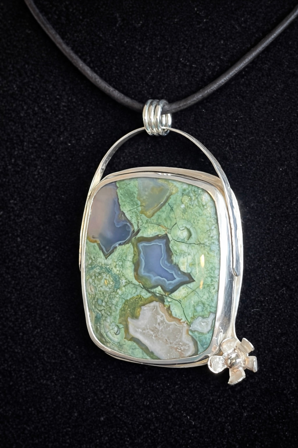 Plume Moss Agate, Sterling Silver Handmade Open Back, Pendant