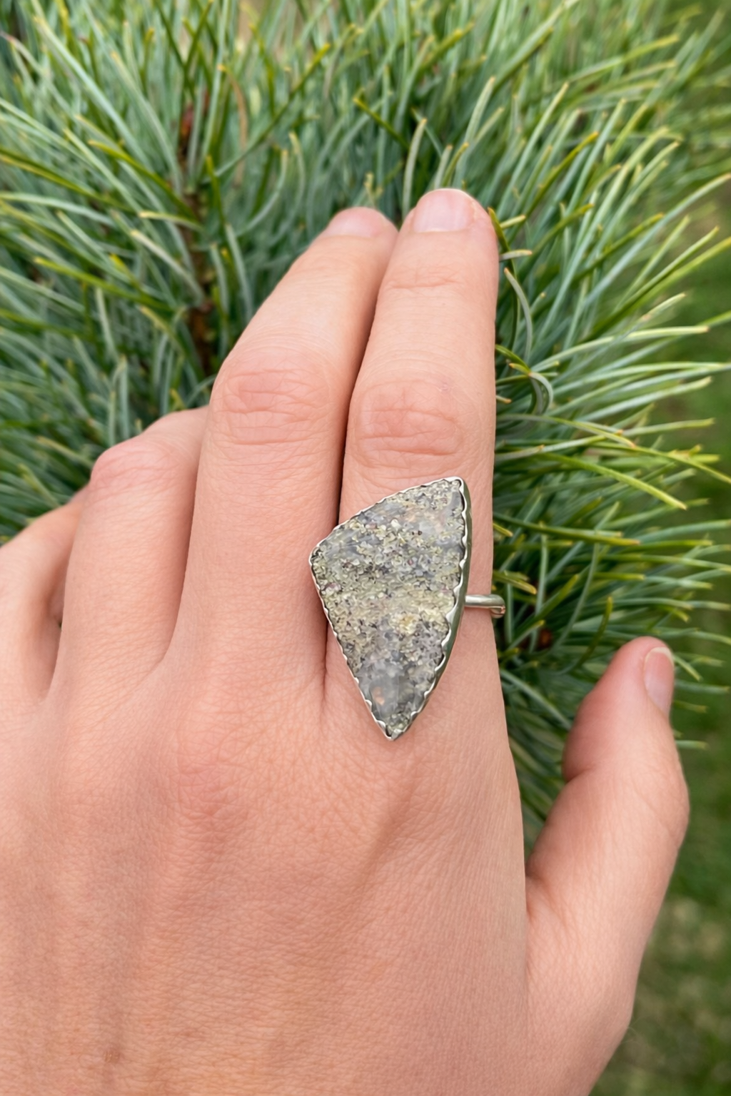 Sterling Silver Triangle Moss Agate Ring, Botanical Back, Size 8