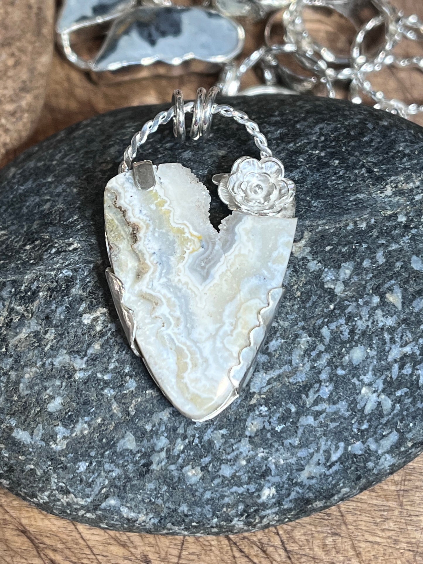 Heart Druzy Agate Pendant Sterling Silver | Reversible Botanical Statement Necklace | One of a Kind Handmade Jewelry