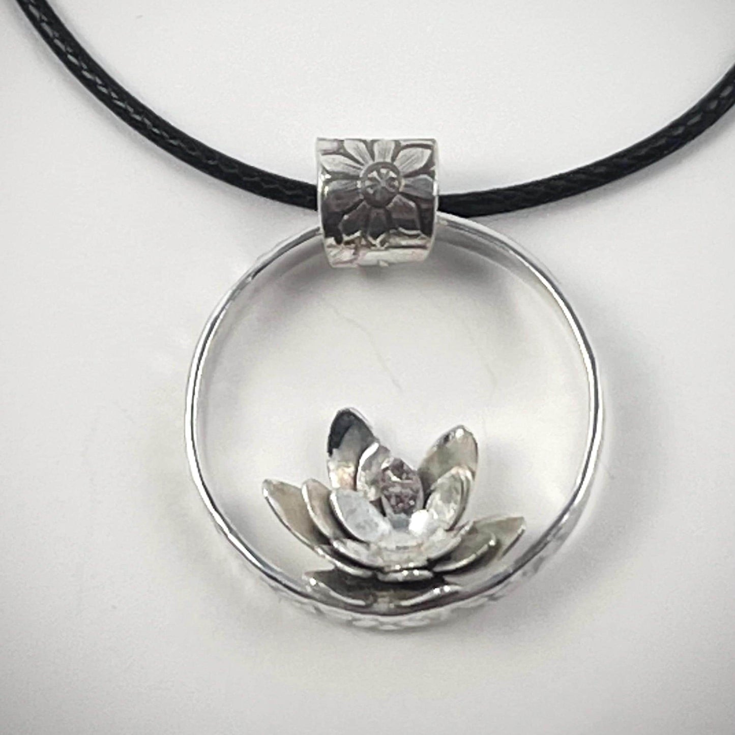 Handmade Sterling Silver Lotus Pendant, Open Circle, Floral Bail