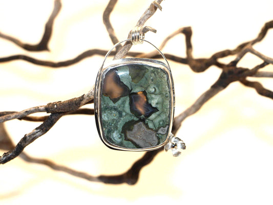 Plume Moss Agate, Sterling Silver Handmade Open Back, Pendant
