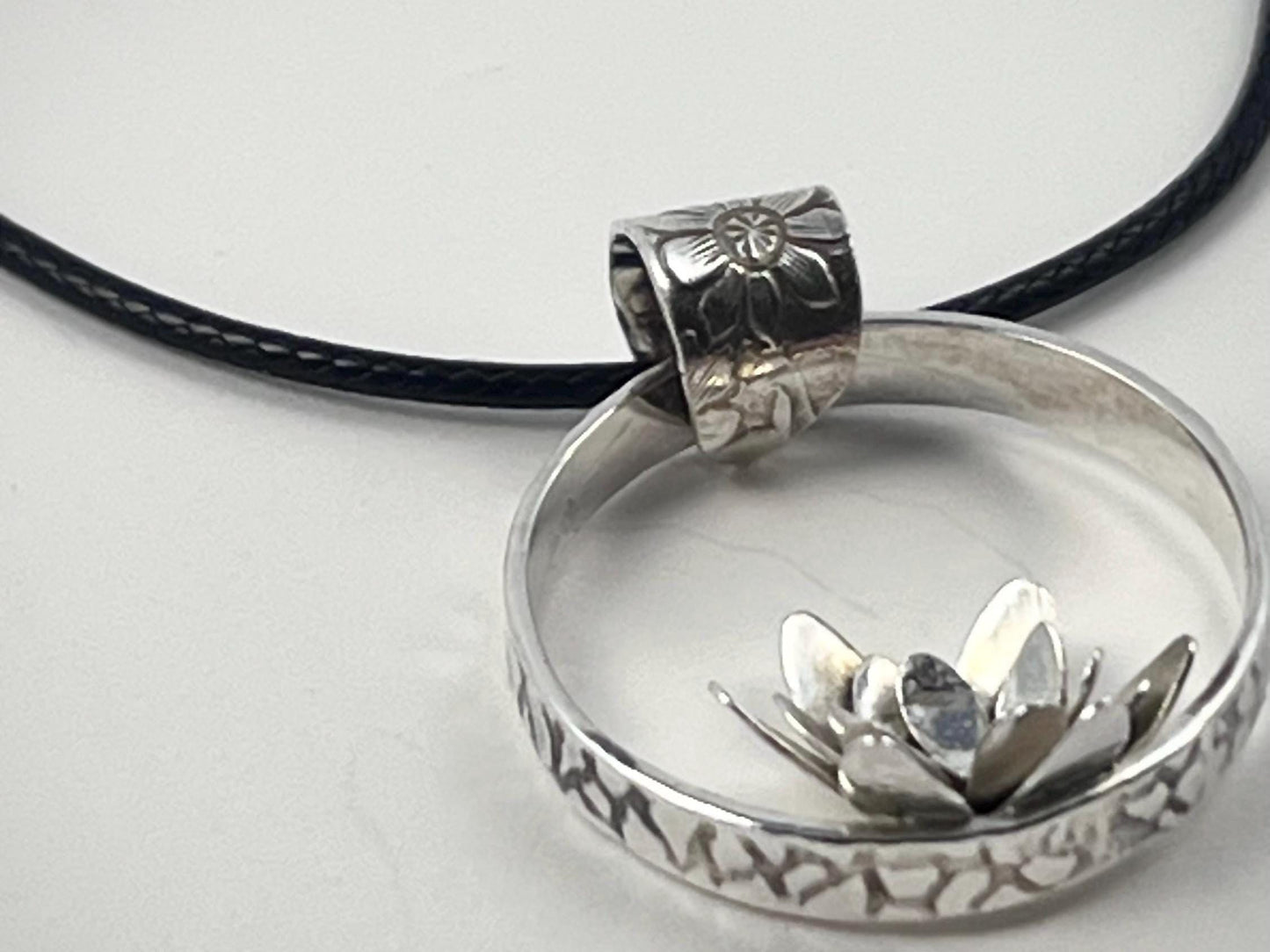 Handmade Sterling Silver Lotus Pendant, Open Circle, Floral Bail