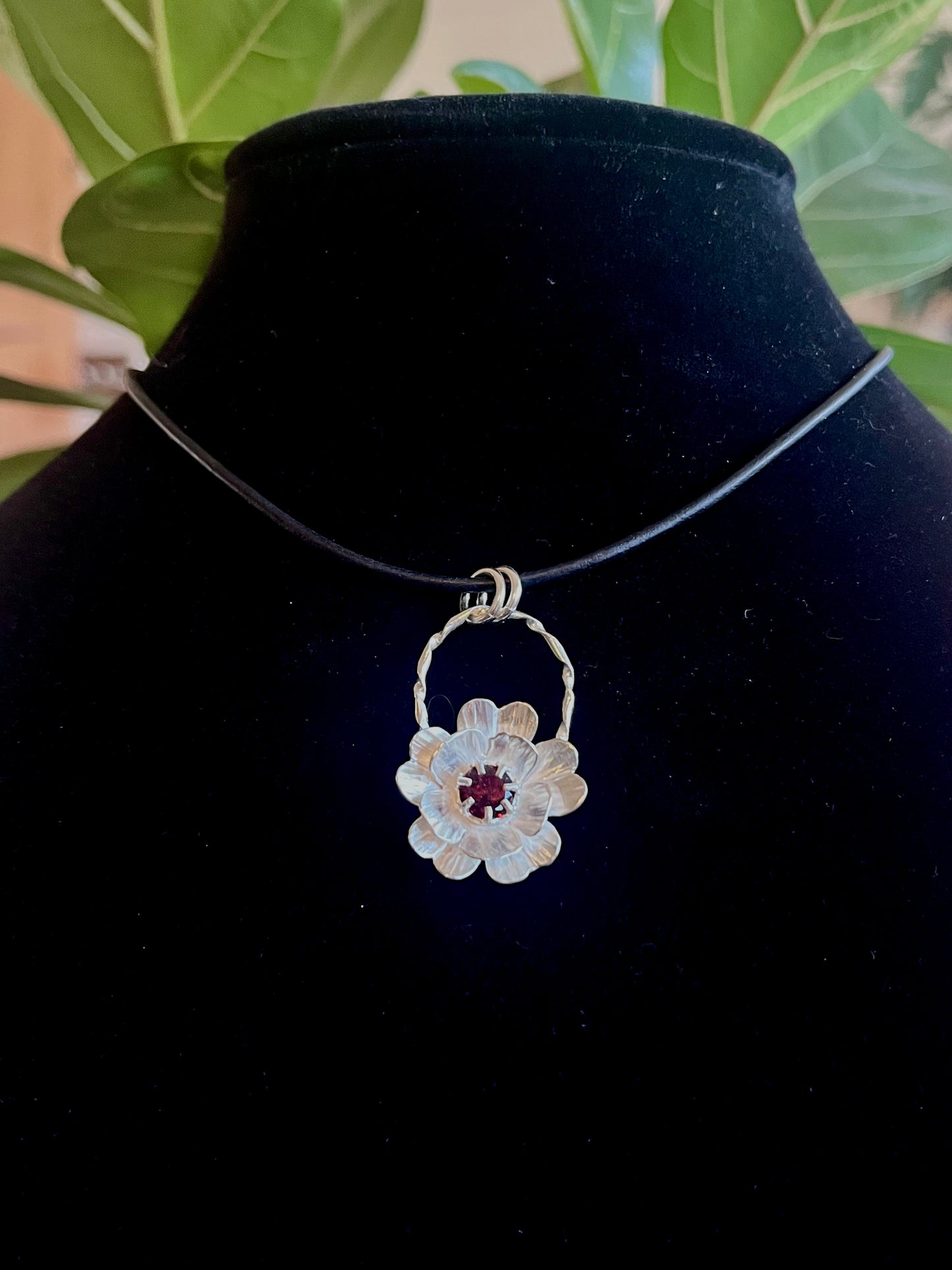 Ember Bloom Pendant — Handmade Sterling Silver Layered Flower Pendant with Garnet