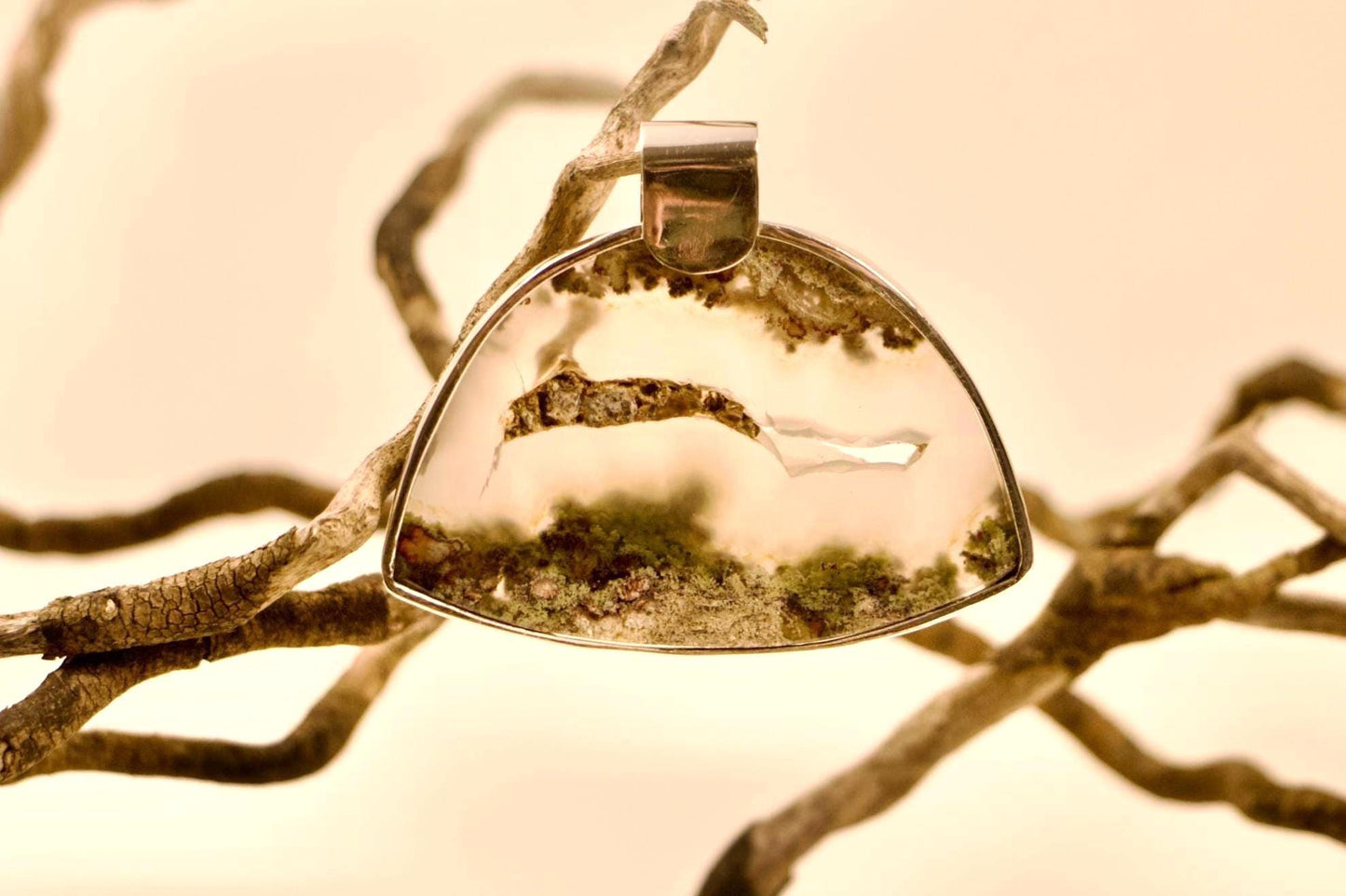 Moss Agate Sterling Silver Pendant, Half Moon Scenic Necklace