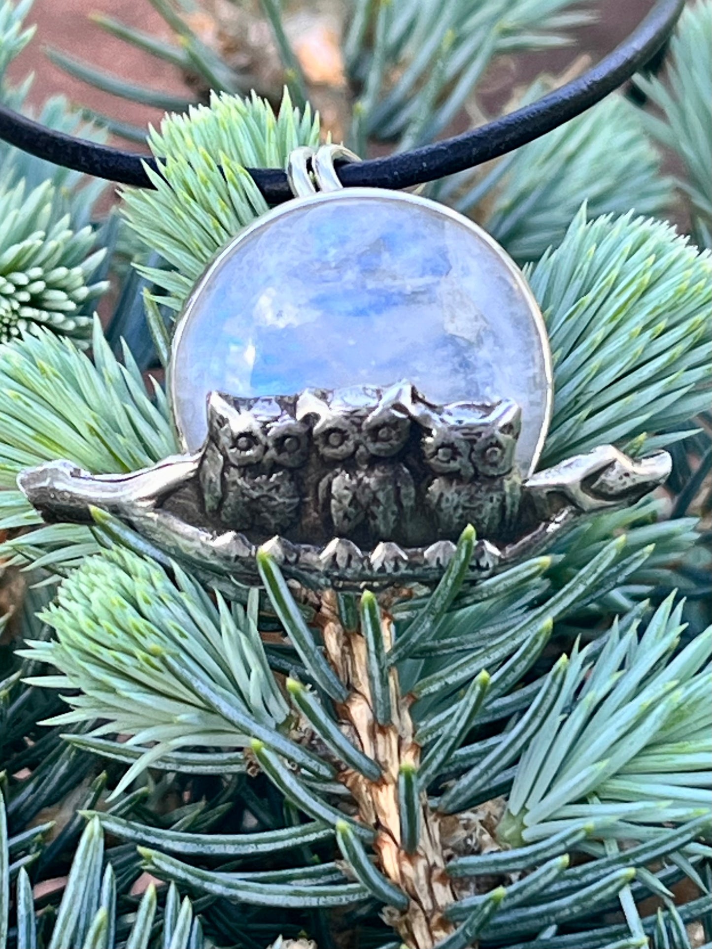The Watchers Pendant — Rainbow Moonstone Sterling Silver Owl Necklace