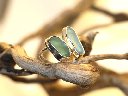 Split Bezel Sea Glass Ring, Sterling Silver Semi-Adjustable Band (Size between 7.75-9)