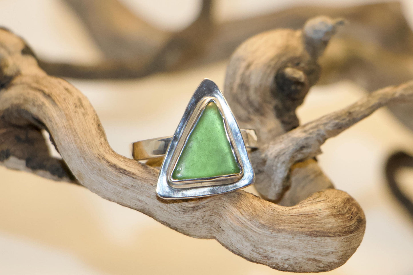 Green Sea Glass Ring, Sterling Silver Triangle, Size 8