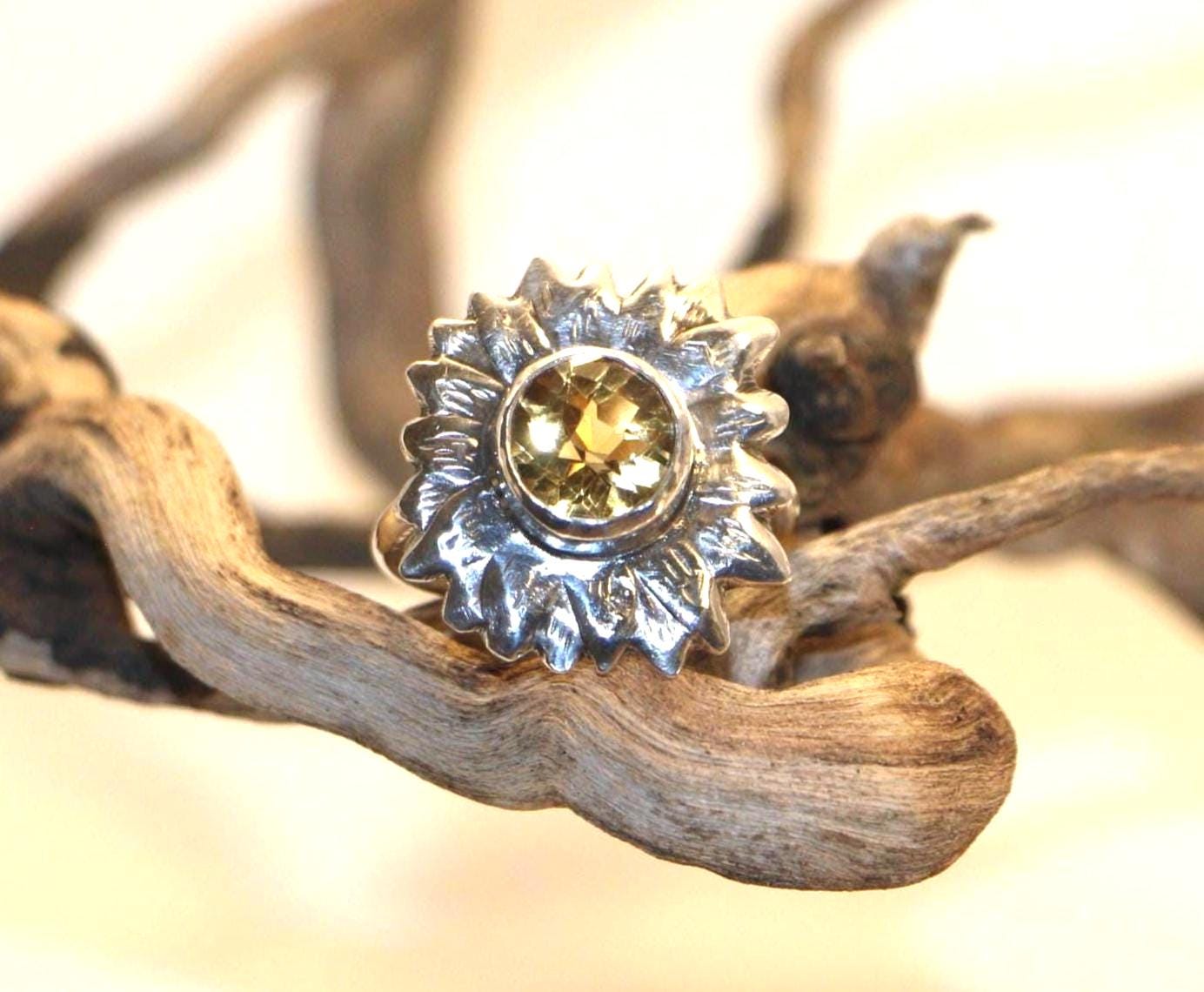 Handmade Sterling Silver Sunflower Ring with Citrine, Size 9.25