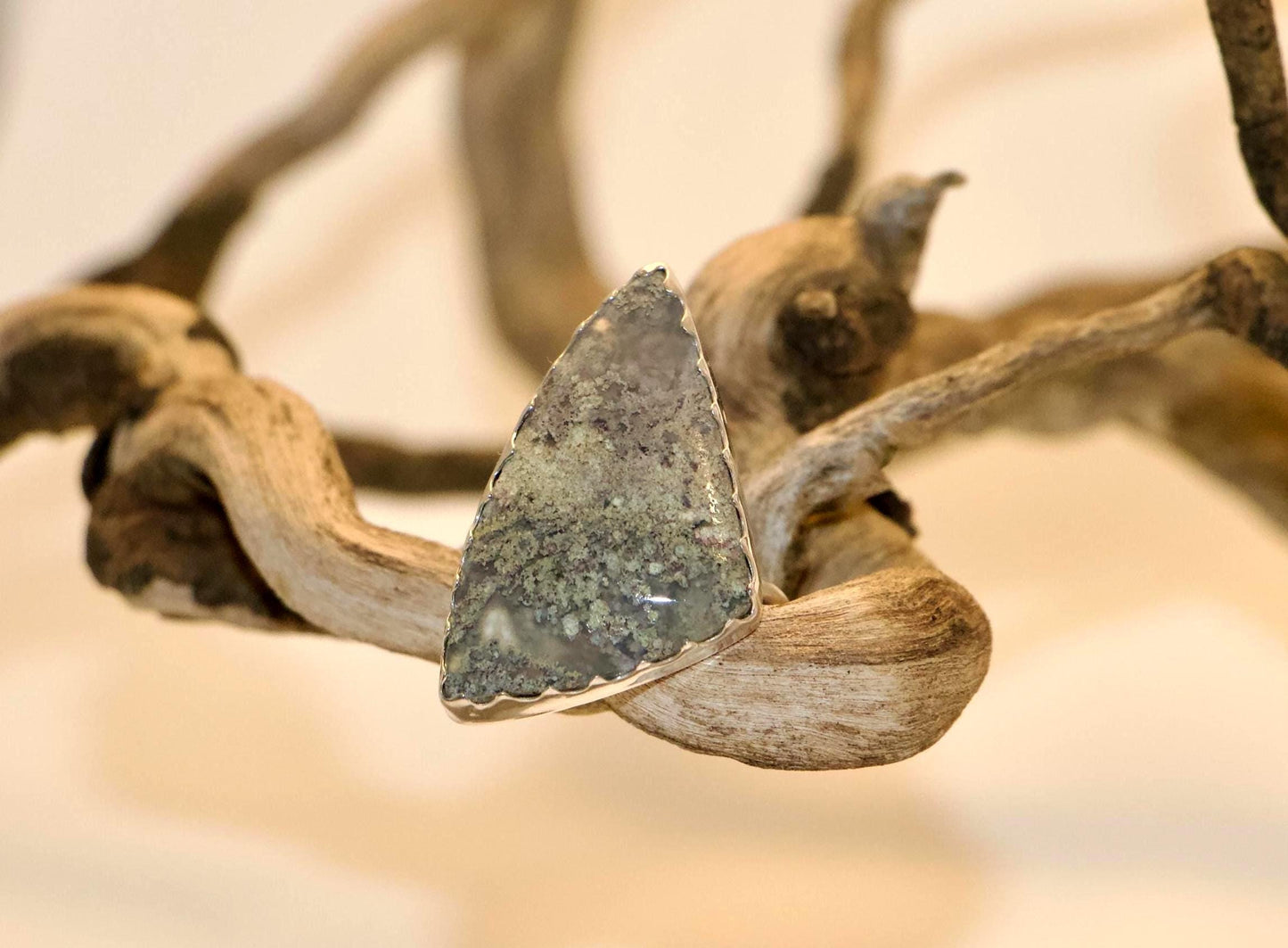 Sterling Silver Triangle Moss Agate Ring, Botanical Back, Size 8
