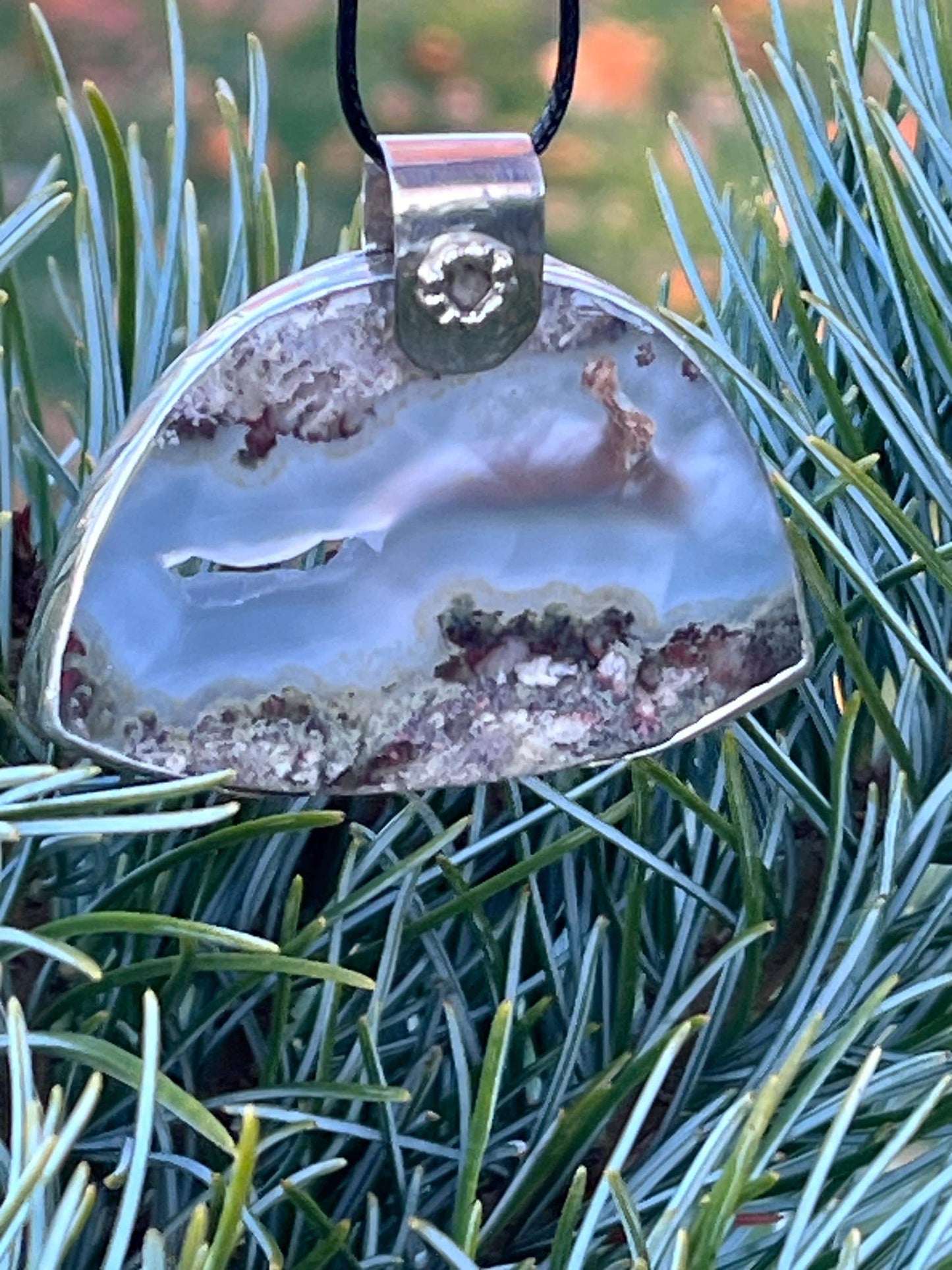 Moss Agate Sterling Silver Pendant, Half Moon Scenic Necklace