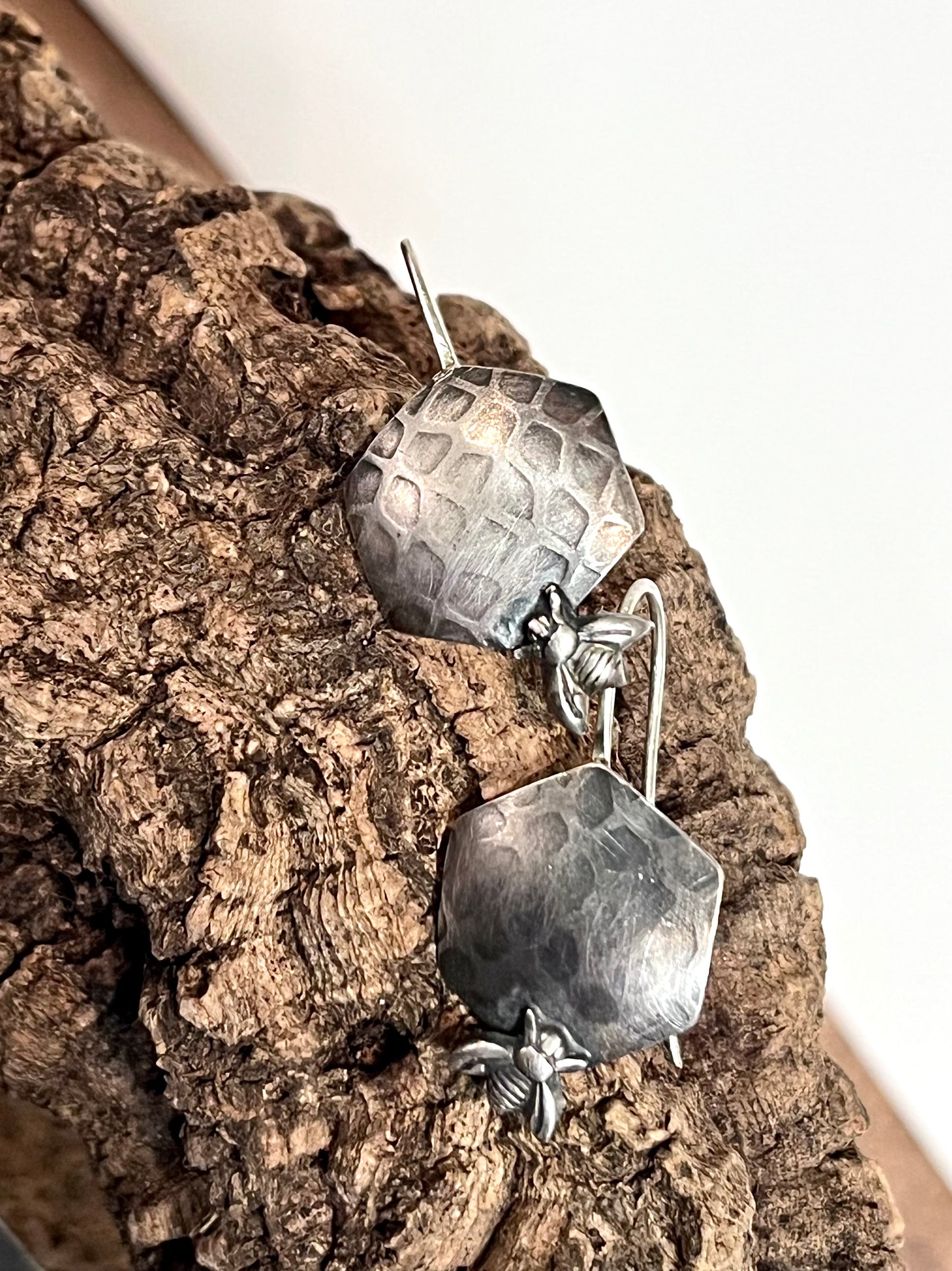 Sterling Silver Hive Hex Bee Drop Earrings
