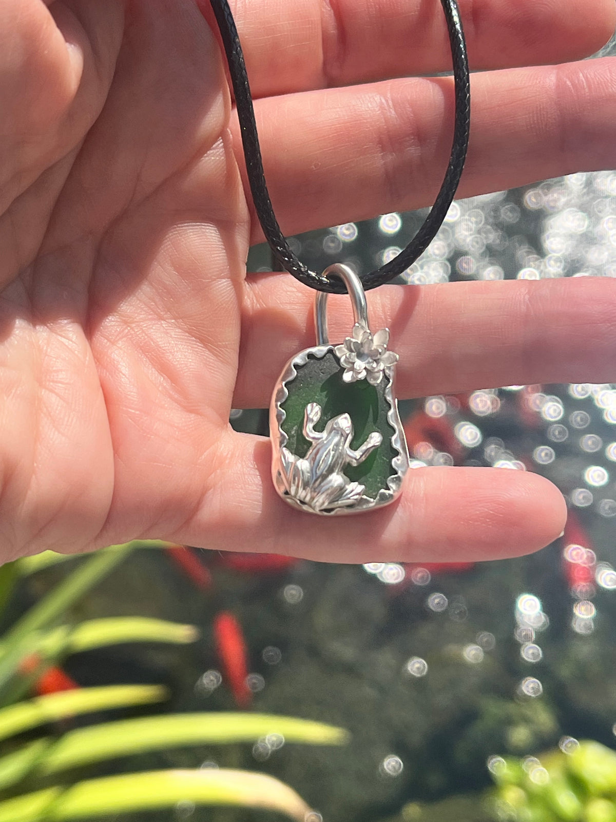 Local Pond Menace — Green Sea Glass & Sterling Silver Frog Pendant