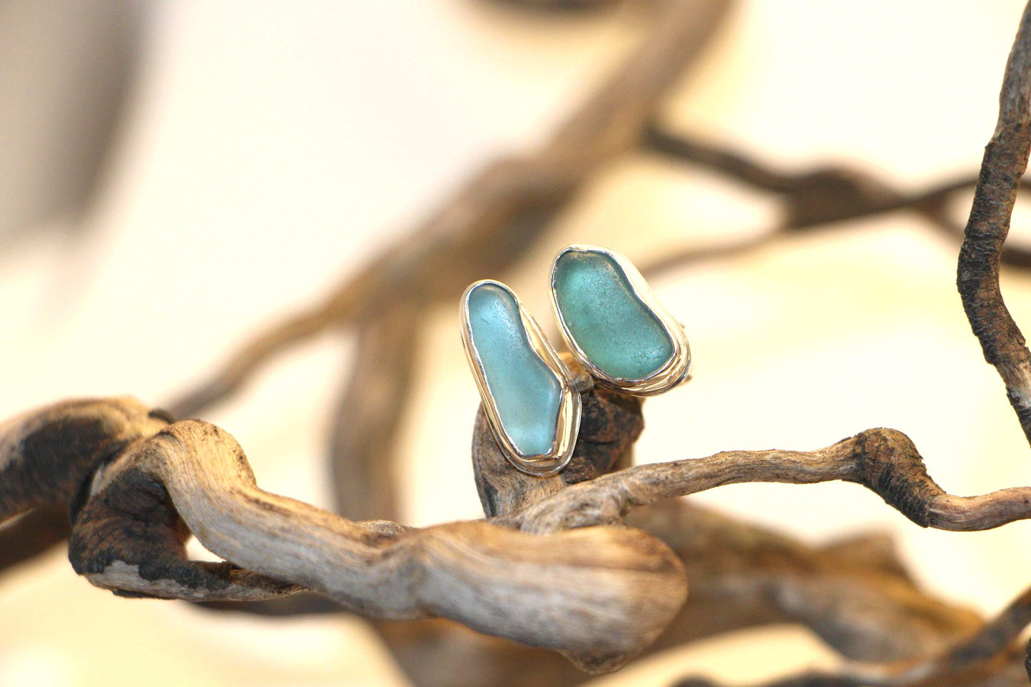 Split Bezel Sea Glass Ring, Sterling Silver Semi-Adjustable Band (Size between 7.75-9)