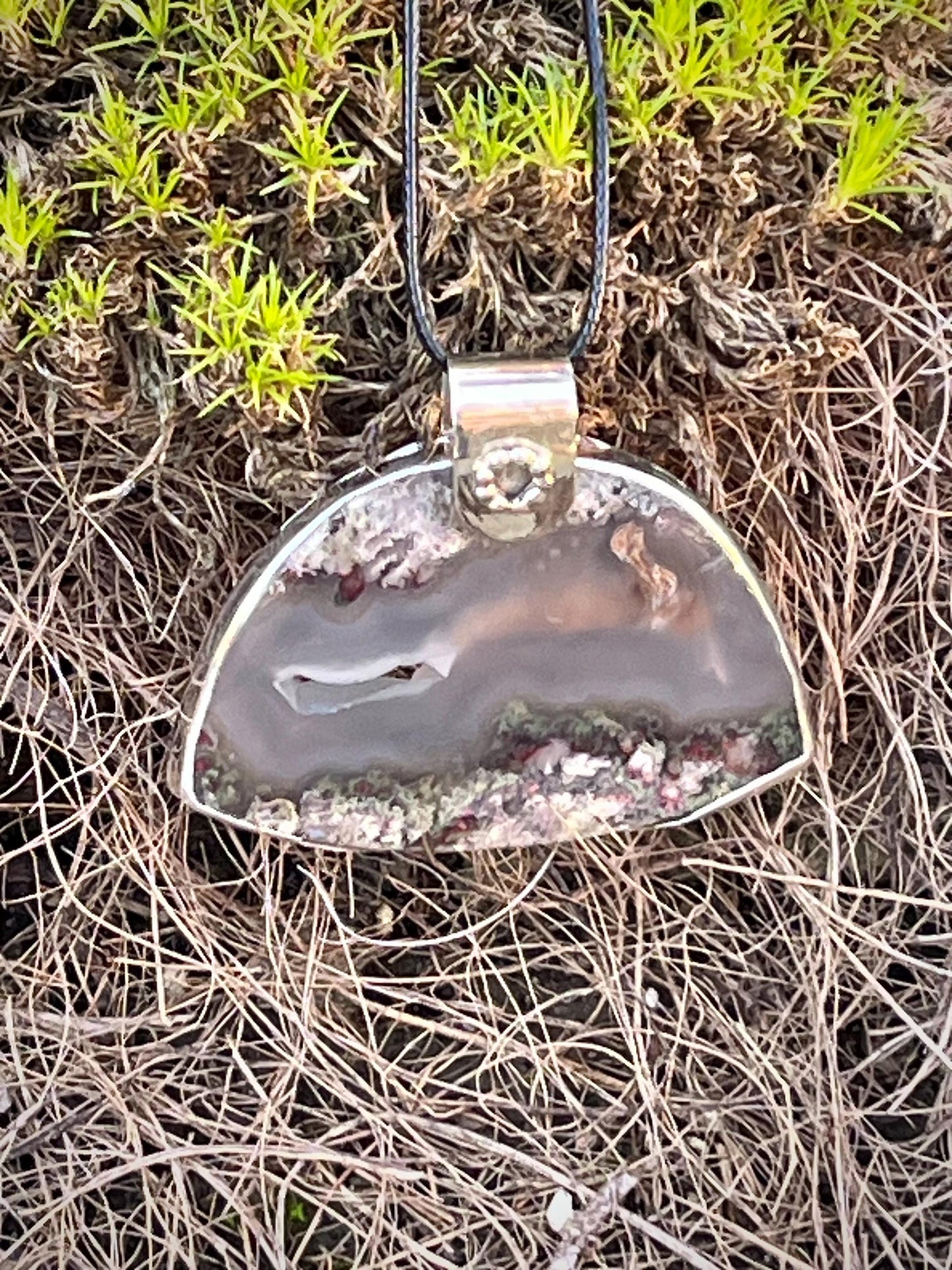 Moss Agate Sterling Silver Pendant, Half Moon Scenic Necklace