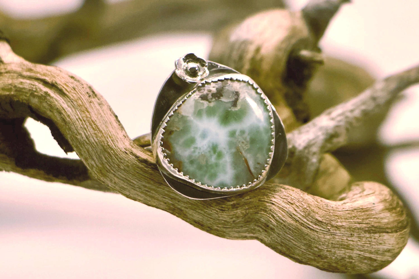 Larimar Ring in Sterling Silver | Handmade Floral Blue Stone Ring | Boho Gift for Her | Size 6.5/7