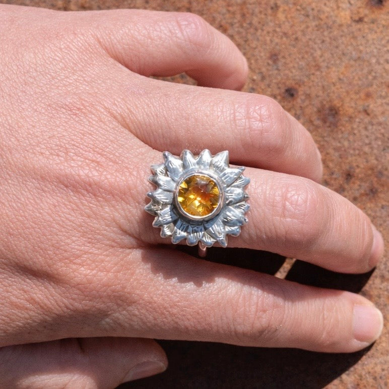 Handmade Sterling Silver Sunflower Ring with Citrine, Size 9.25