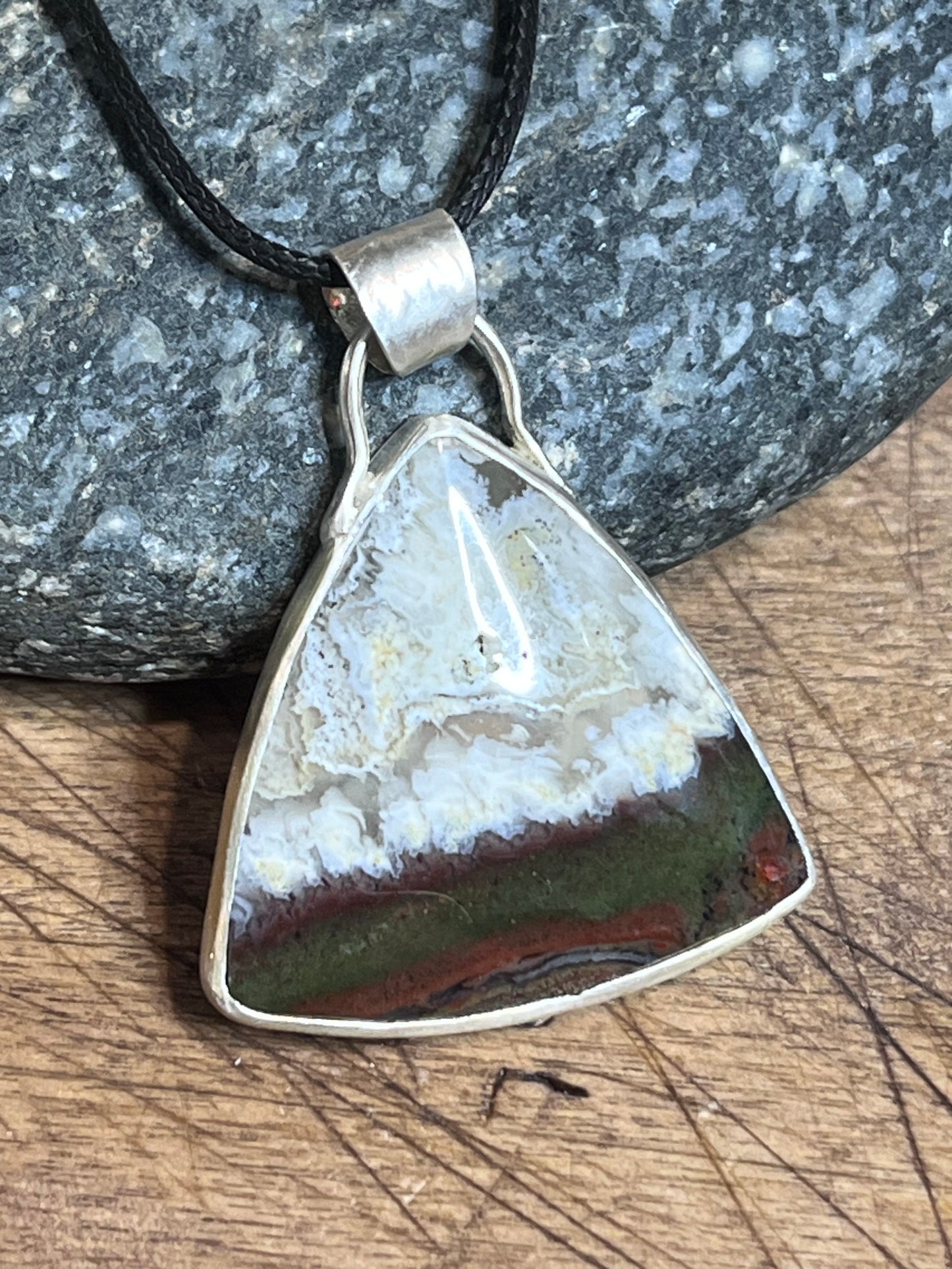 Moss Agate Pendant in Sterling Silver | Hand Chiseled Oak Leaf Necklace | Nature Jewelry Gift for Her