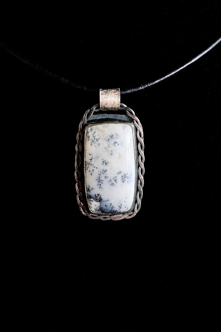 Dendritic Opal Pendant — Handmade Sterling Silver, Twisted Wire Frame, One of a Kind