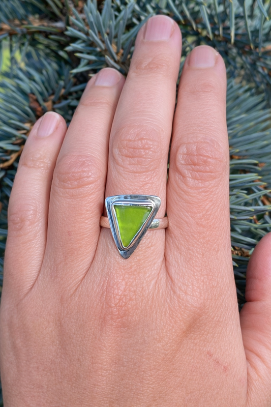 Green Sea Glass Ring, Sterling Silver Triangle, Size 8