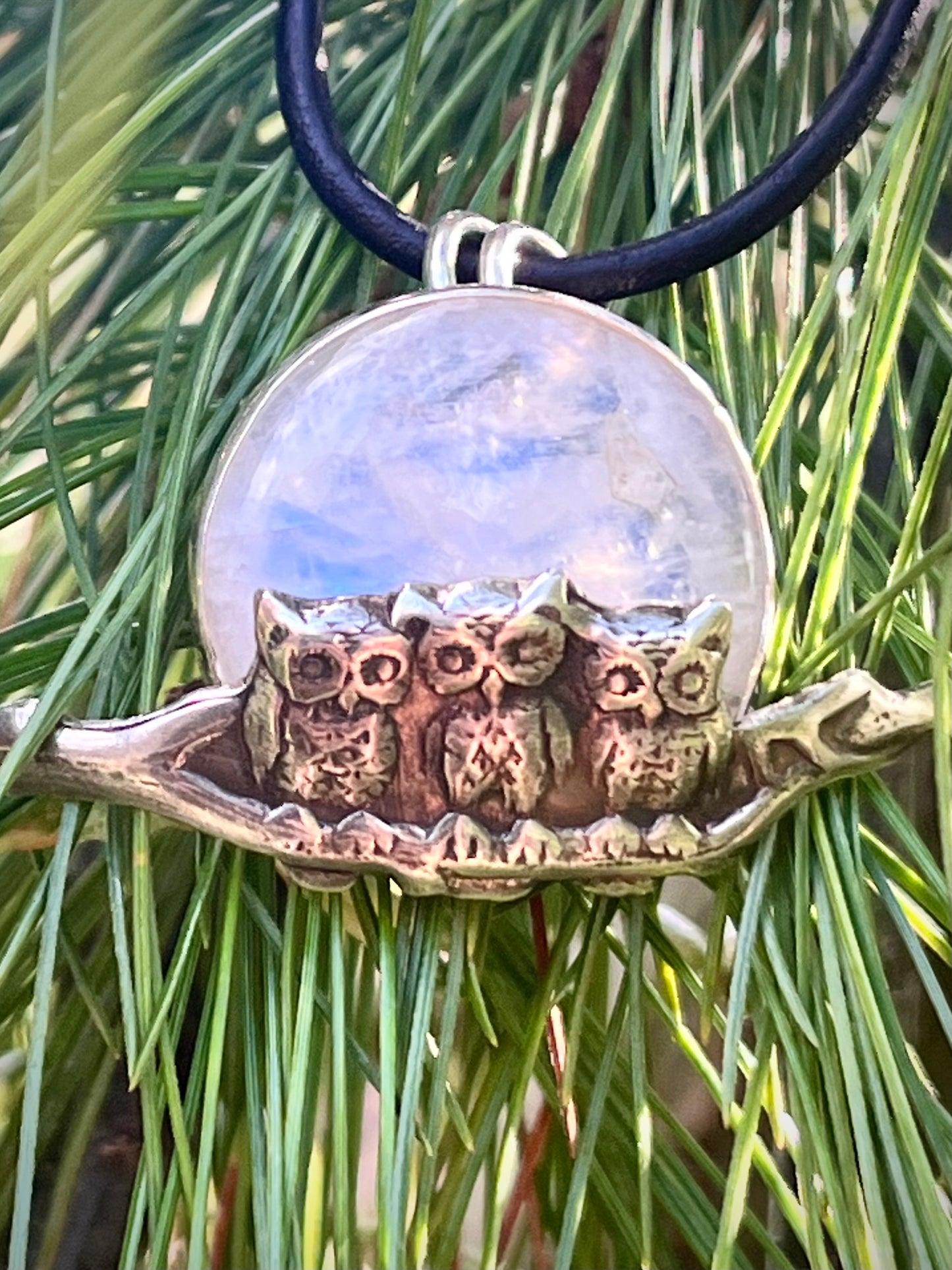 The Watchers Pendant — Rainbow Moonstone Sterling Silver Owl Necklace