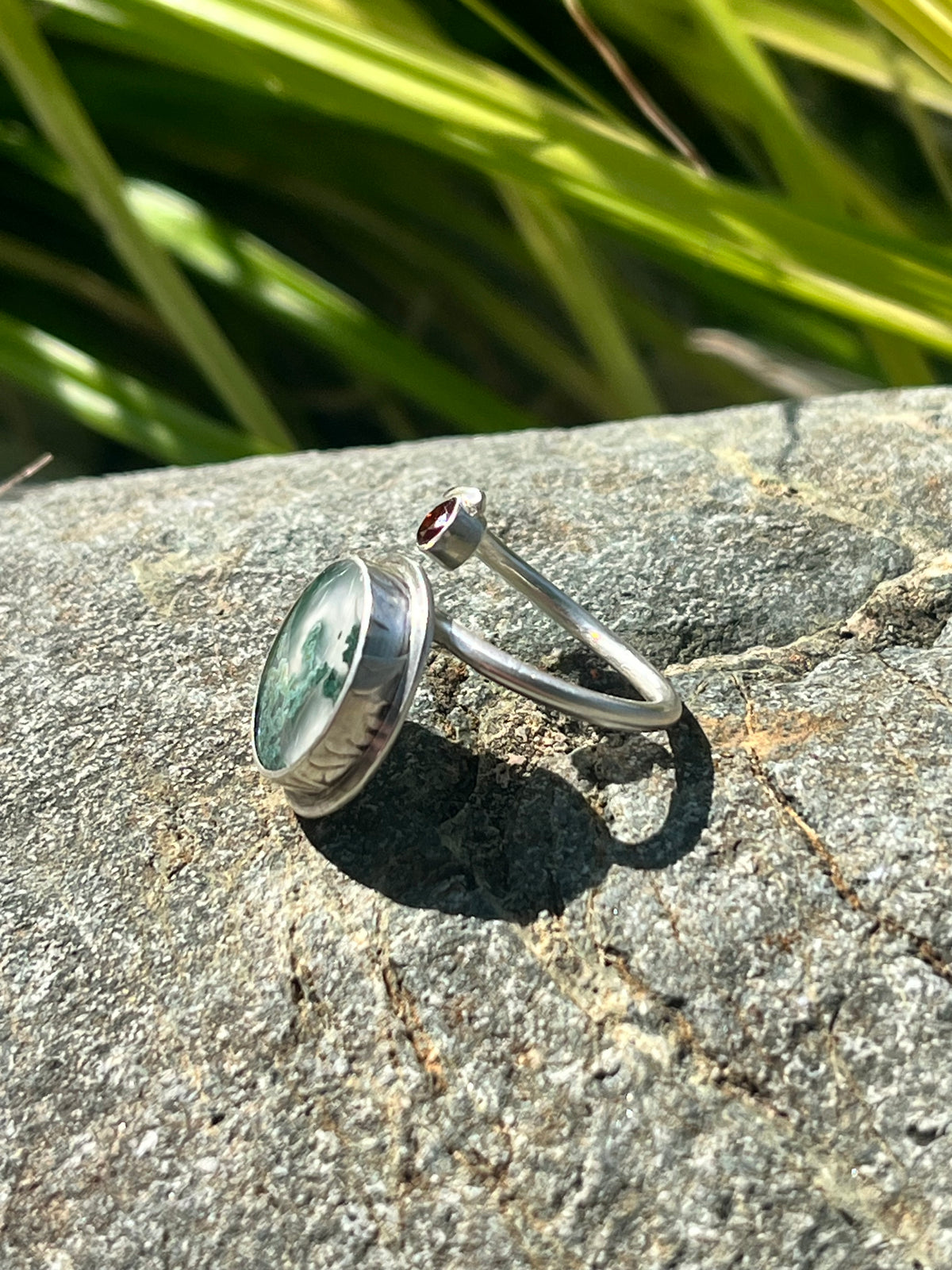 A Little Wild — Moss Agate & Red CZ Sterling Silver Ring