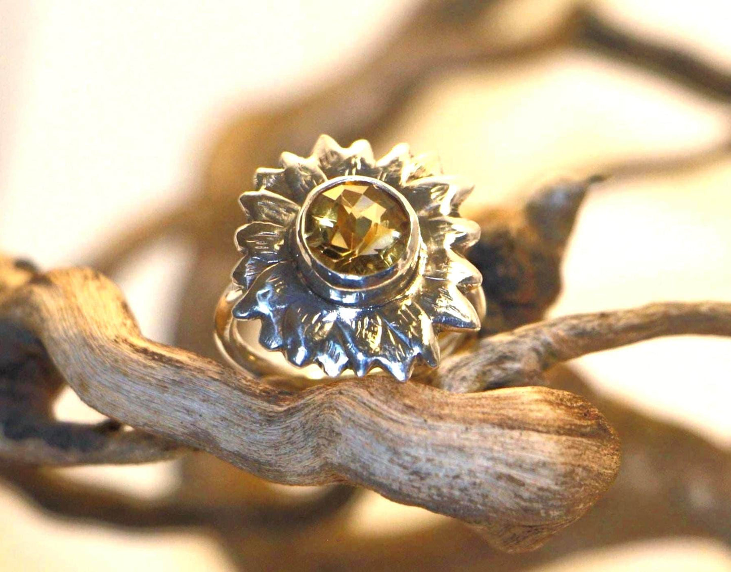 Handmade Sterling Silver Sunflower Ring with Citrine, Size 9.25