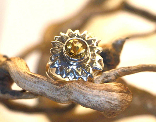 Handmade Sterling Silver Sunflower Ring with Citrine, Size 9.25