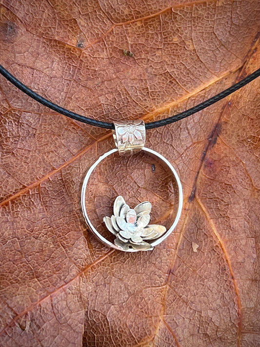 Handmade Sterling Silver Lotus Pendant, Open Circle, Floral Bail