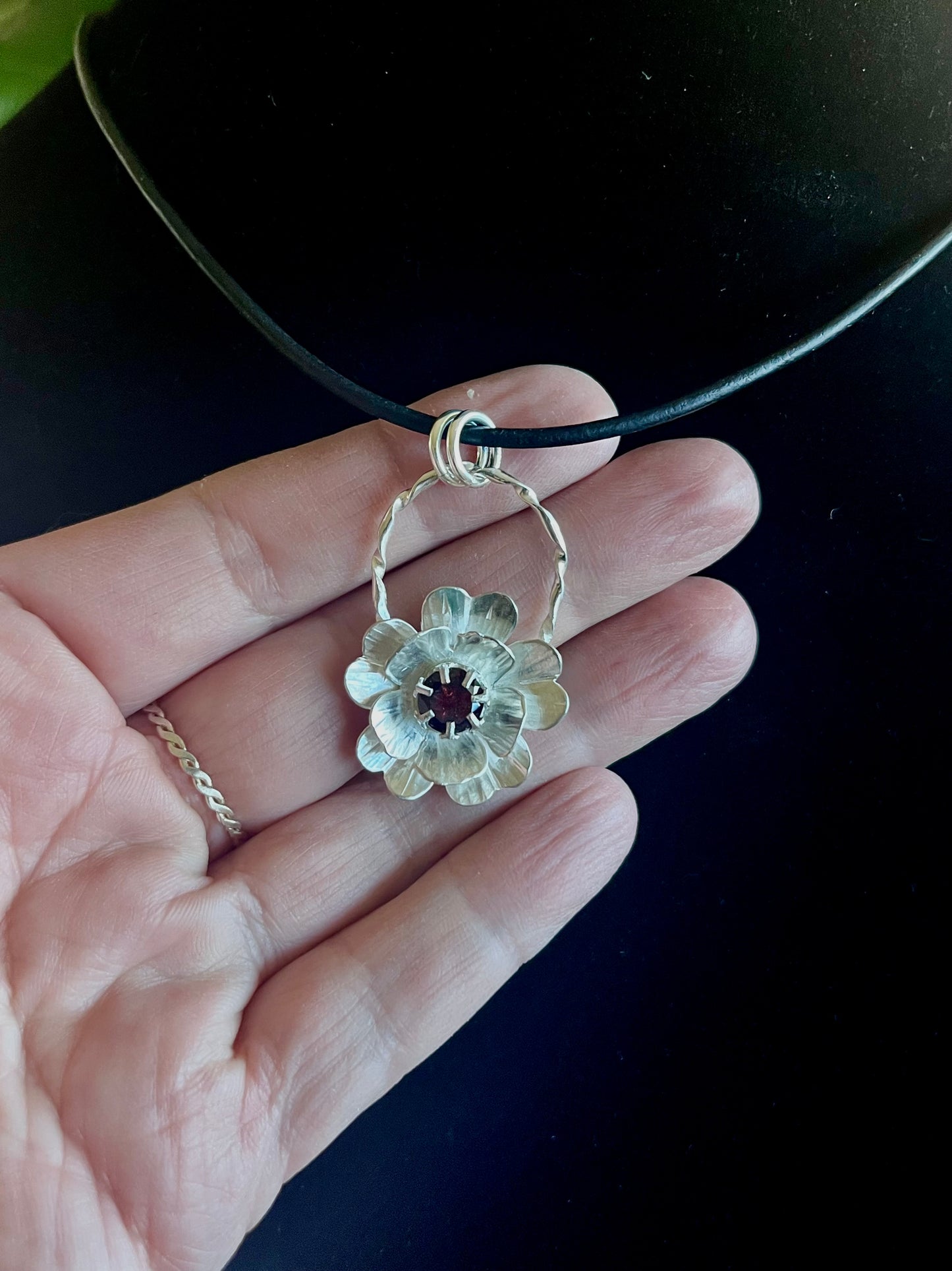 Ember Bloom Pendant — Handmade Sterling Silver Layered Flower Pendant with Garnet