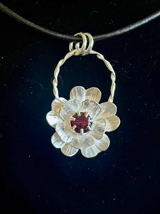 Ember Bloom Pendant — Handmade Sterling Silver Layered Flower Pendant with Garnet