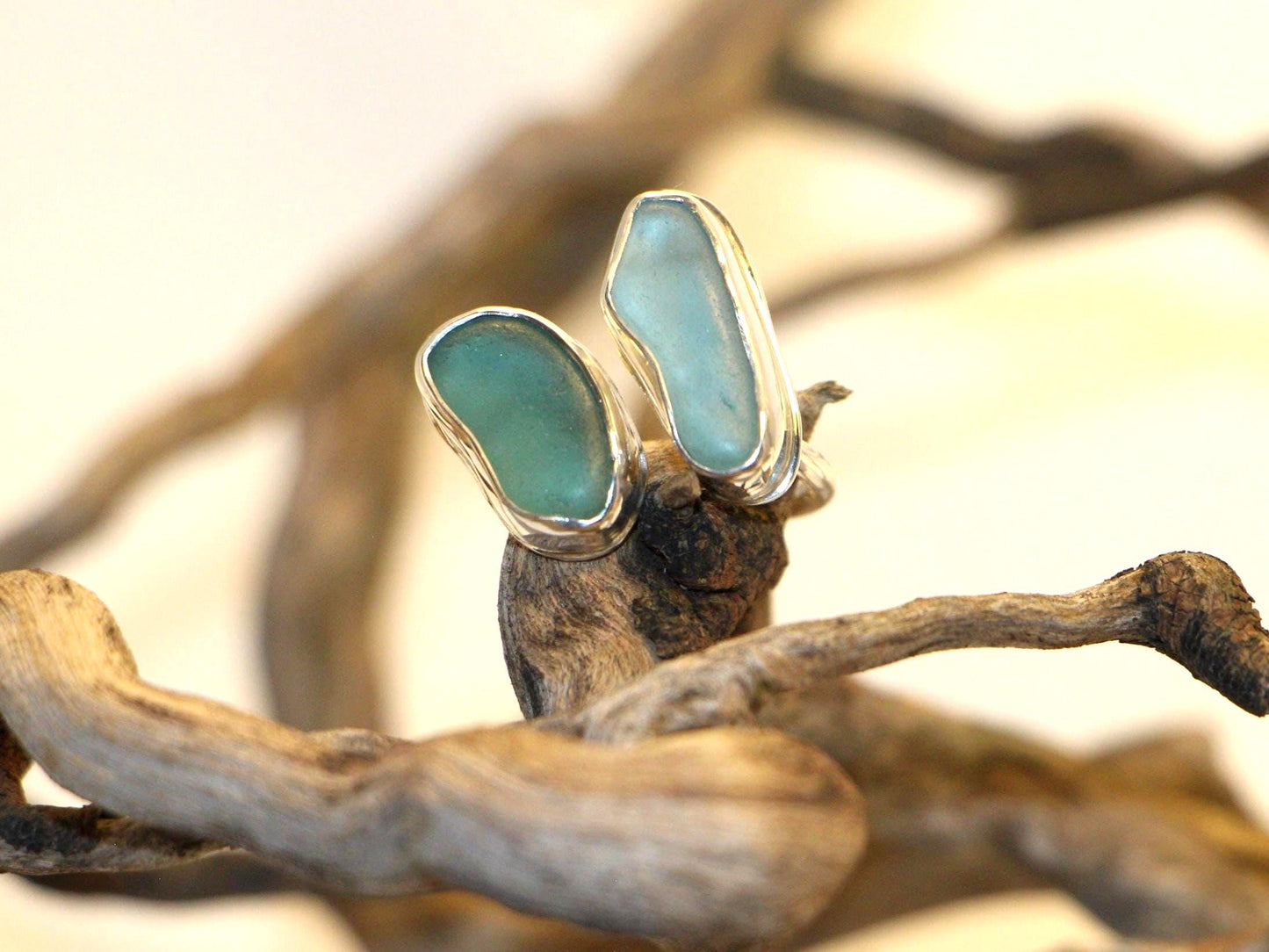 Split Bezel Sea Glass Ring, Sterling Silver Semi-Adjustable Band (Size between 7.75-9)