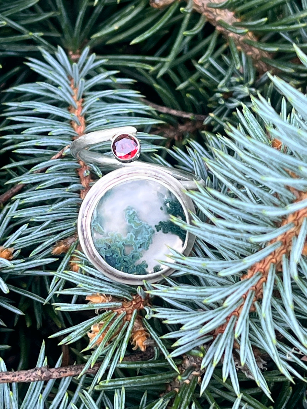 A Little Wild — Moss Agate & Red CZ Sterling Silver Ring