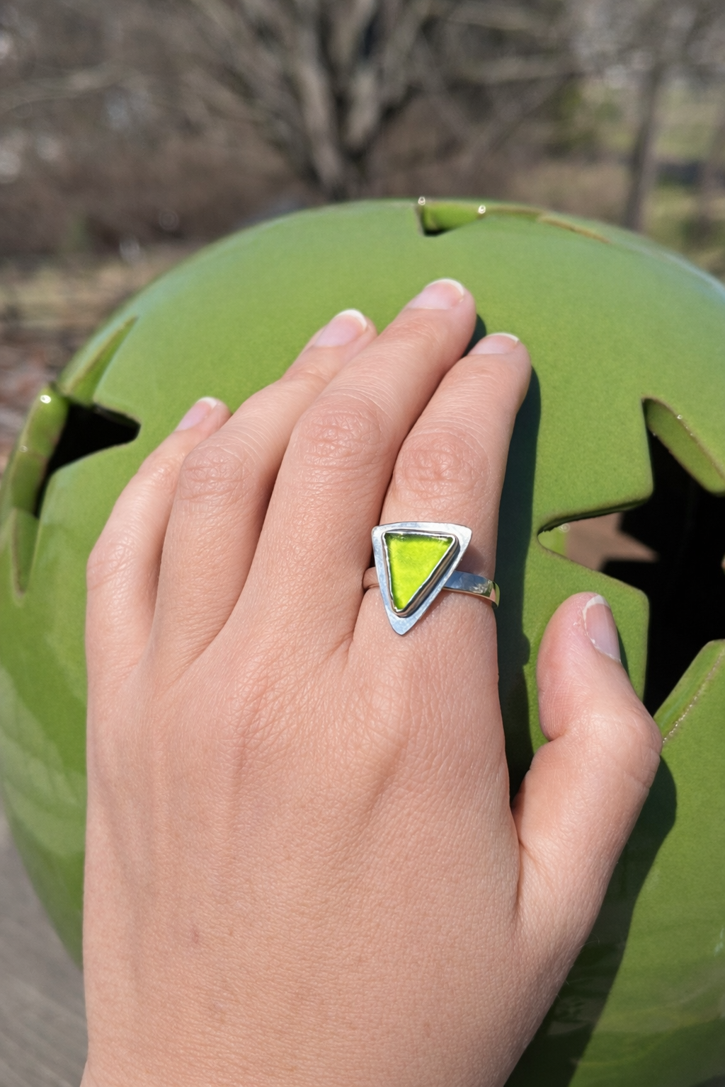 Green Sea Glass Ring, Sterling Silver Triangle, Size 8
