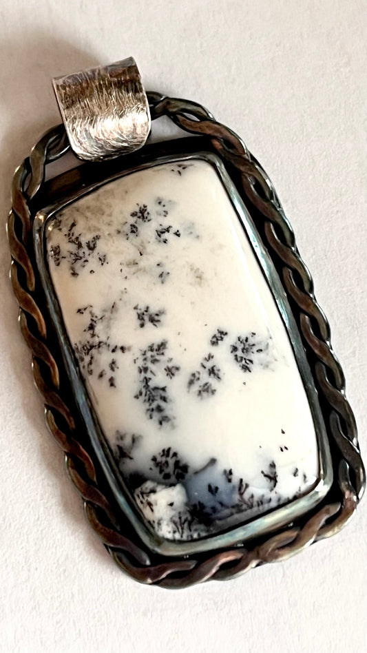 Dendritic Opal Pendant — Handmade Sterling Silver, Twisted Wire Frame, One of a Kind