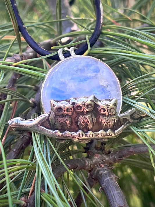 The Watchers Pendant — Rainbow Moonstone Sterling Silver Owl Necklace