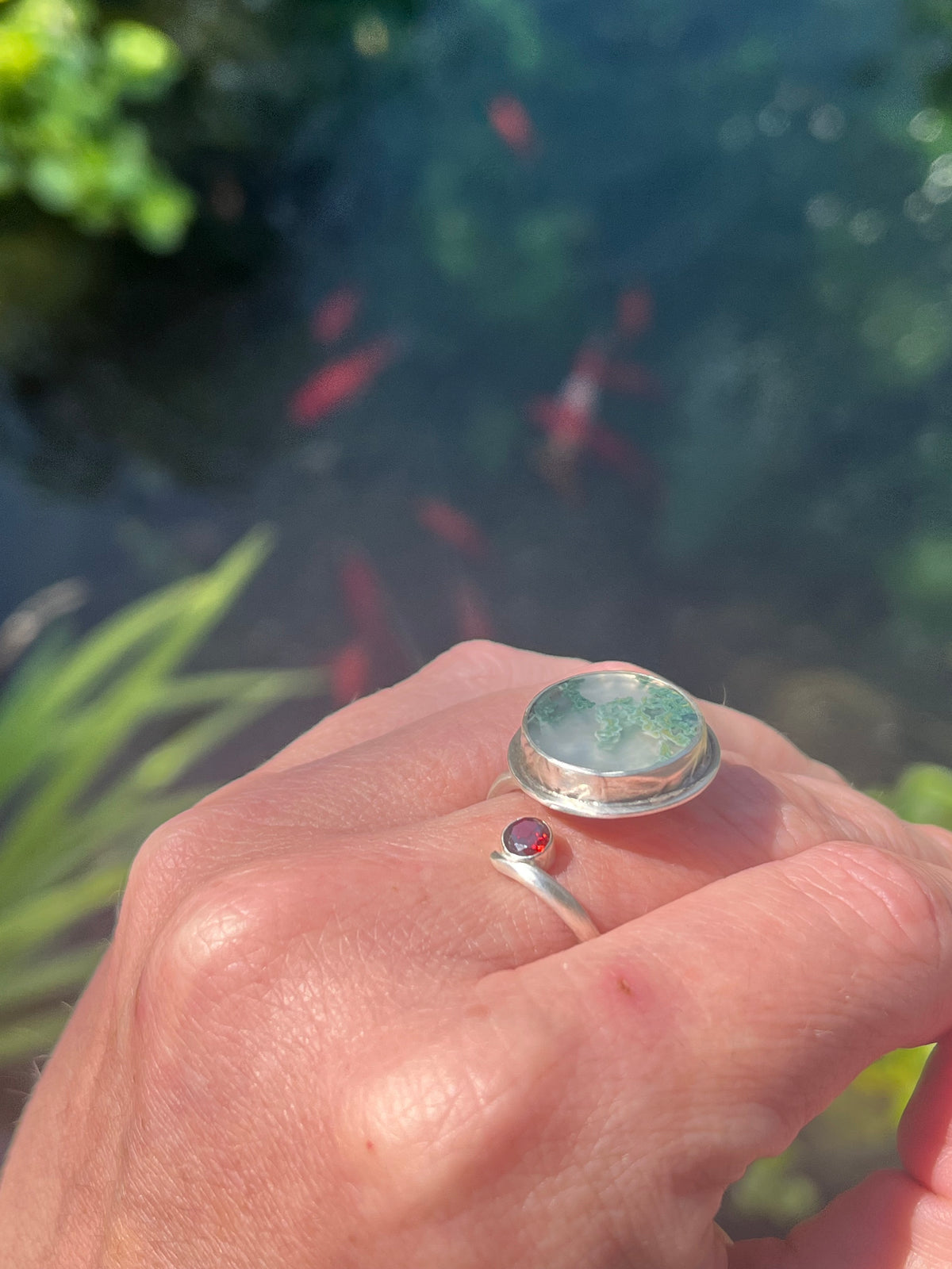 A Little Wild — Moss Agate & Red CZ Sterling Silver Ring